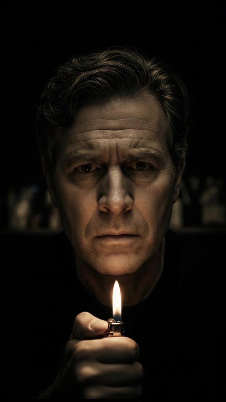 A close-up of Mark's face as the lighter illuminates his concerned expression.