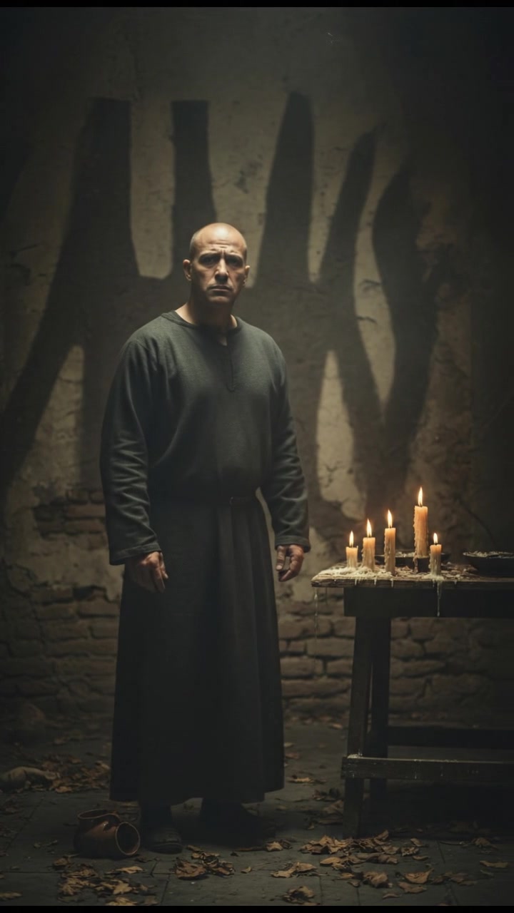 Carlos, looking worried, stands in a dimly lit room, shadows cast across the walls.