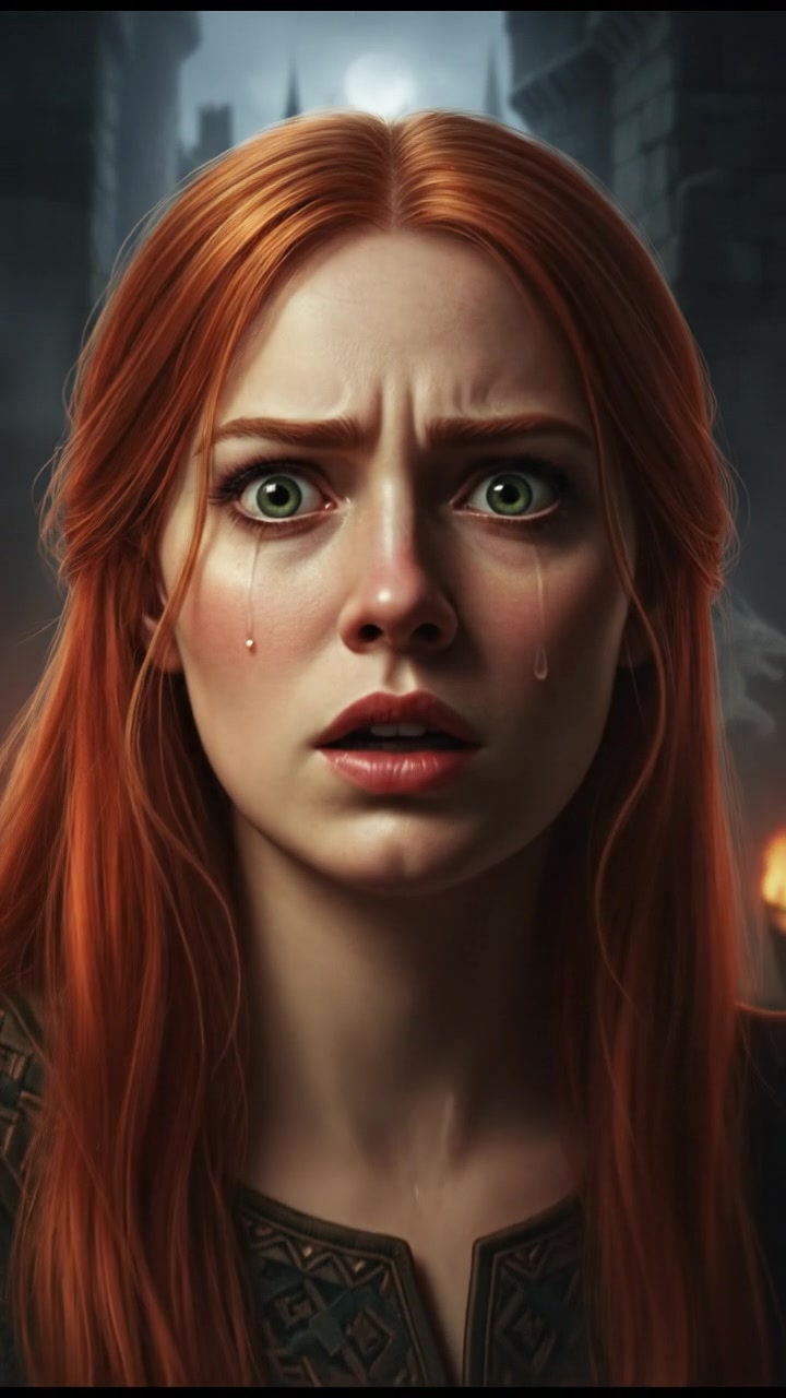Close-up of Emma's face, showing a mix of terror and fascination as she hears the cries.