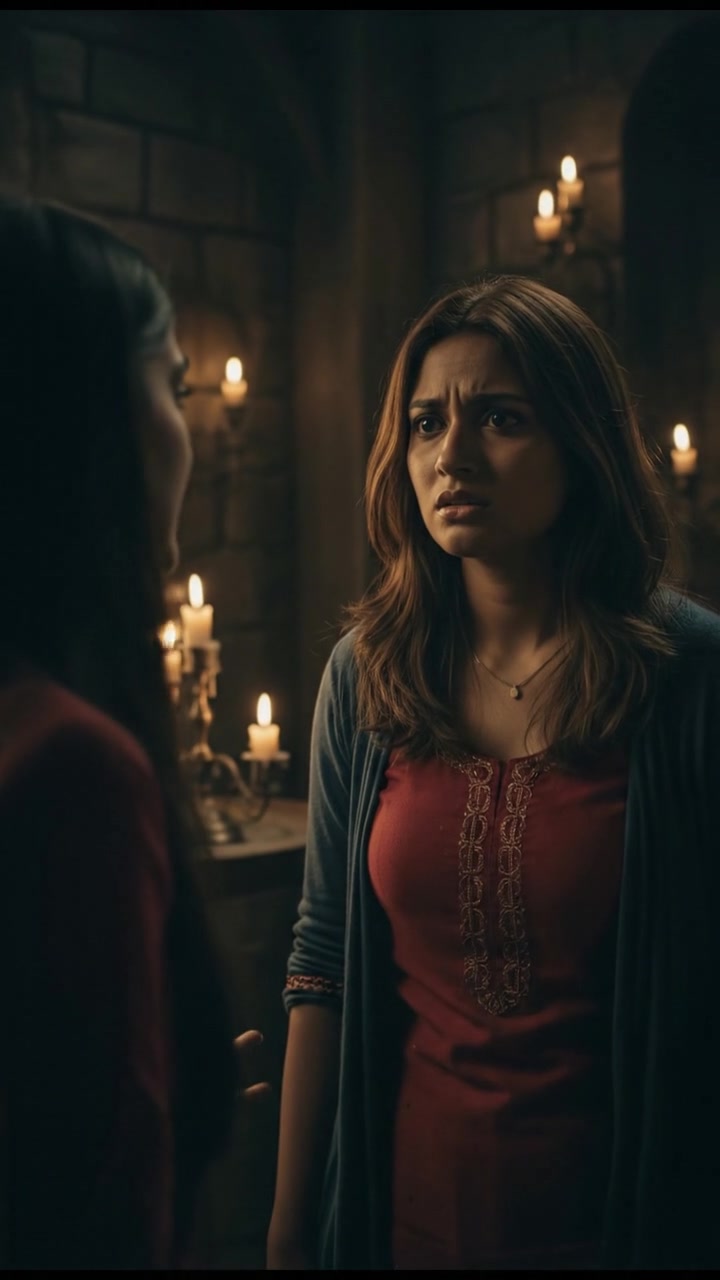 Priya looking confused with a furrowed brow as she listens to her sister.