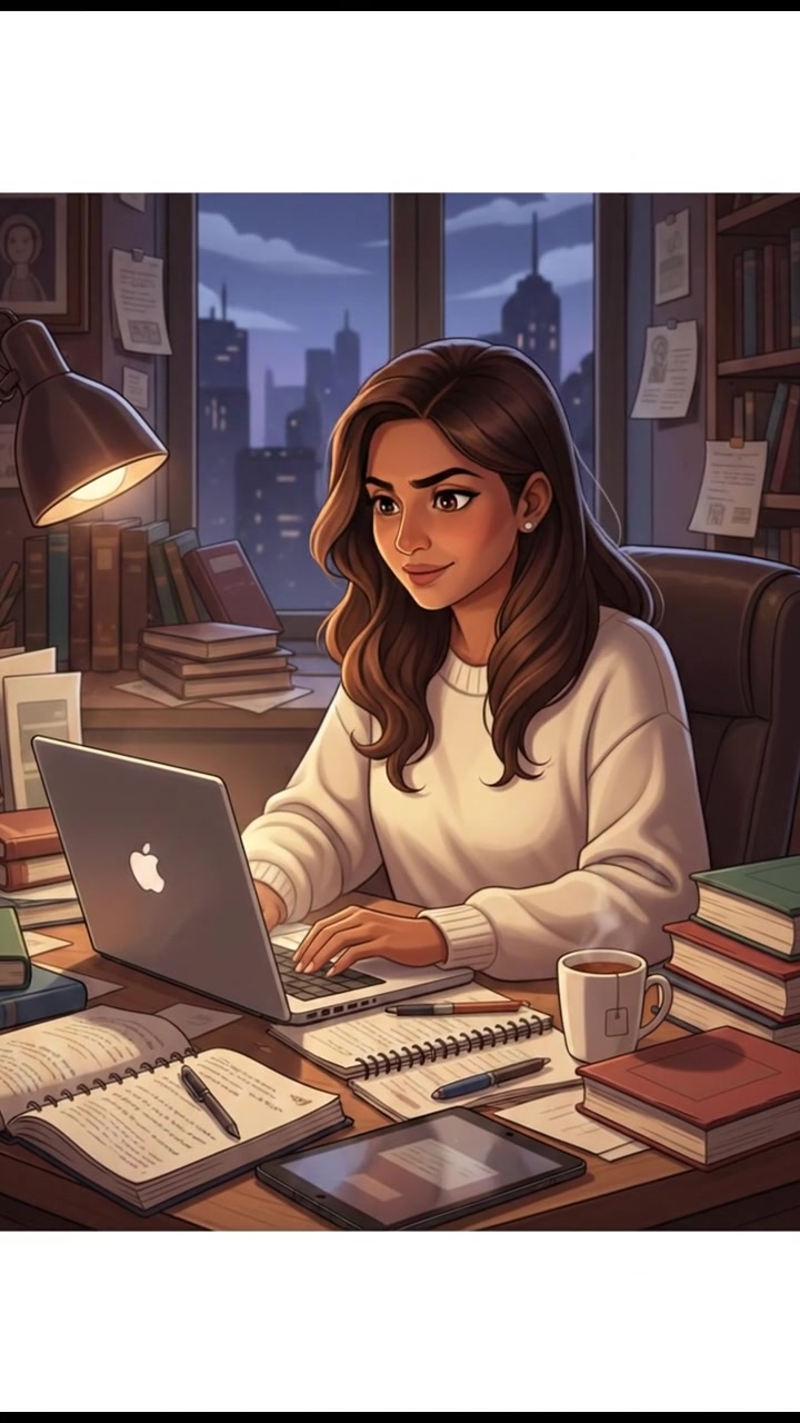Priya sitting at a desk with a laptop, surrounded by books and notes, focused on the screen.