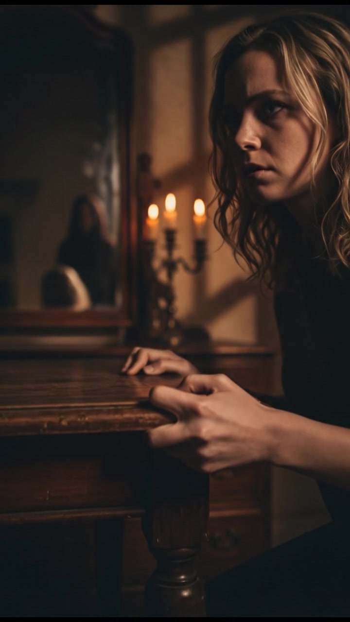 A close-up of Ashley's hands gripping the edge of a table, showing tension while she averts her eyes from a nearby mirror.