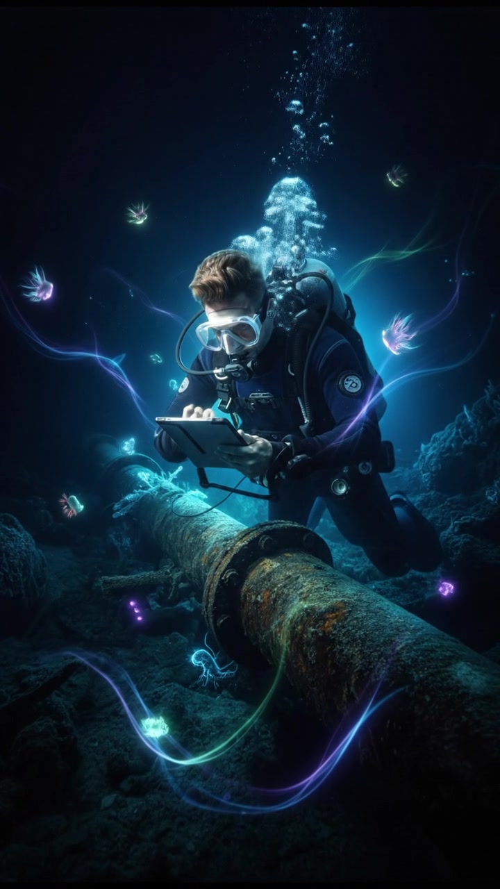 Ryan, in diving gear, inspecting the underwater oil pipeline, focused on his task.