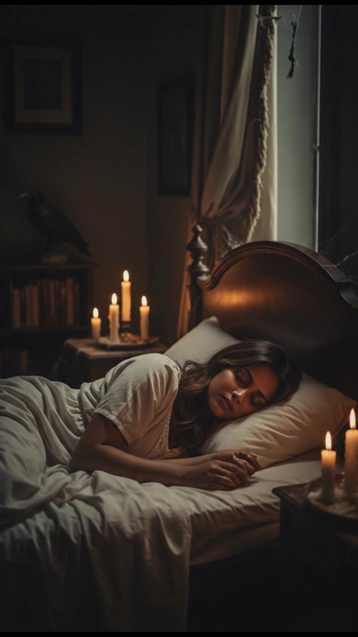 Priya is finally asleep in bed, looking peaceful for the first time.