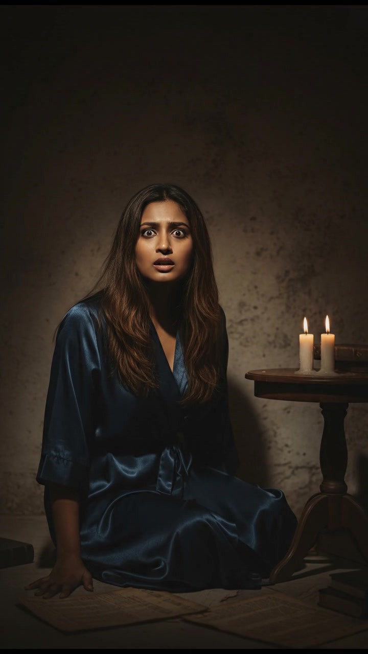 Riya looking startled, her eyes wide as she hears a noise in the dark room.