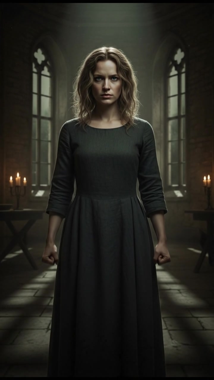 Ashley, standing in a dimly lit room, clenches her fists with determination.