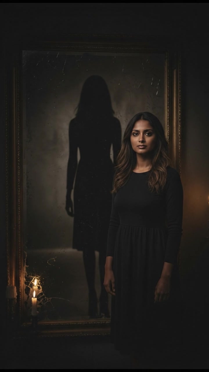 A shadowy silhouette of a woman standing behind Priya in the mirror.