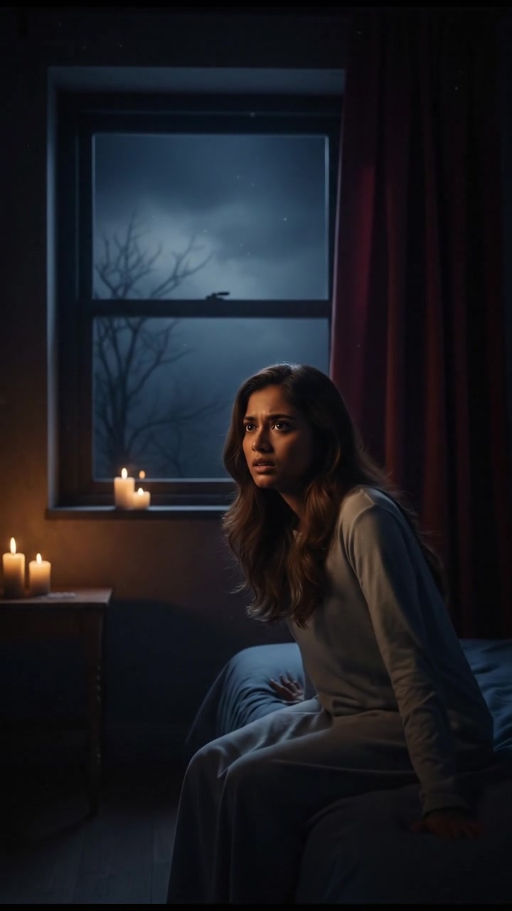 A dark room at night with Priya sitting on her bed, looking curiously at the closed window.