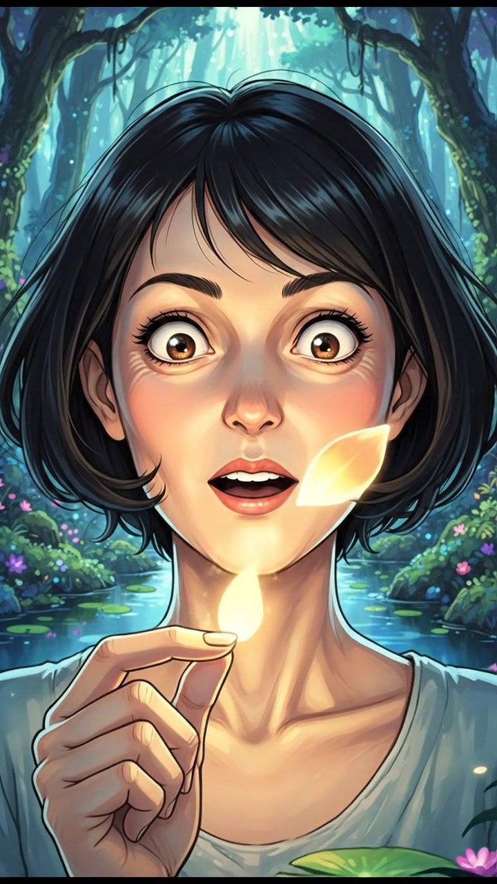 Li's astonished expression as the glowing petal begins to illuminate her face.