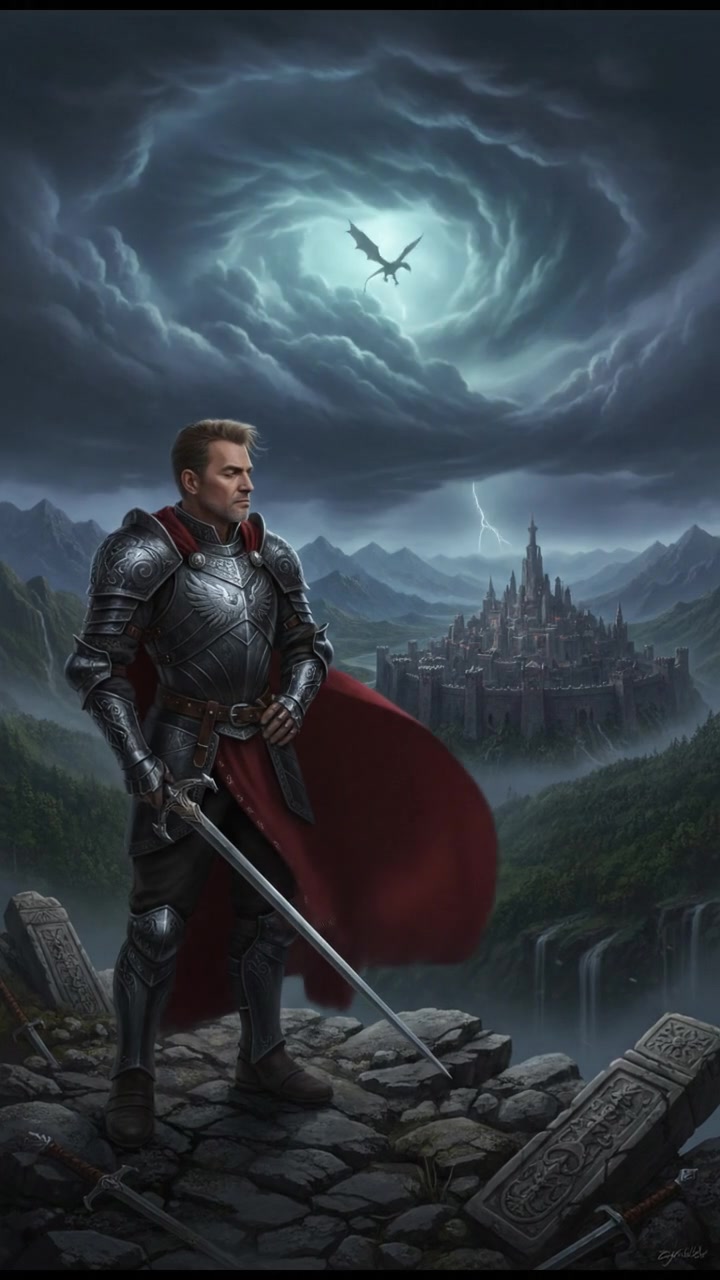 Omar standing on a cliff, looking out at a distant city, with storm clouds gathering above.