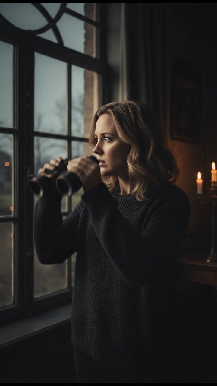 Ashley holding binoculars, peering out of her window with a look of concern.