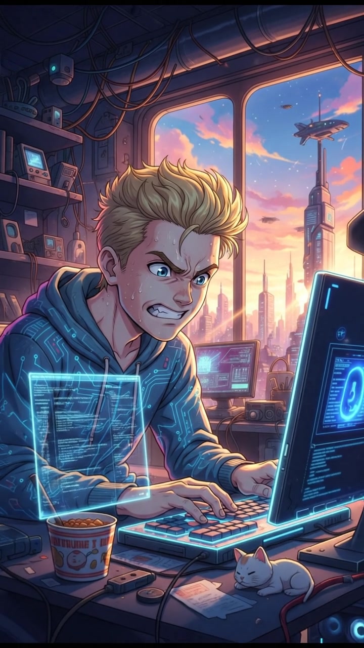 Ryan at his desk looking intently at the screen, a determined expression as he types a response.