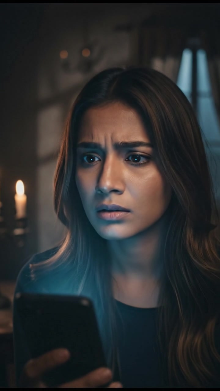 Priya's trembling hand holding her phone, illuminating her worried face in a dark room.