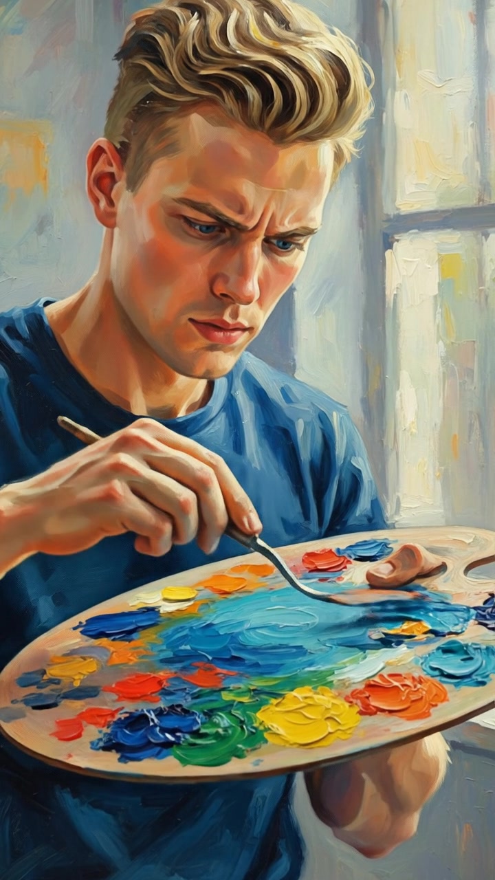A close-up of Ryan mixing vibrant paint on a palette with his focused expression.