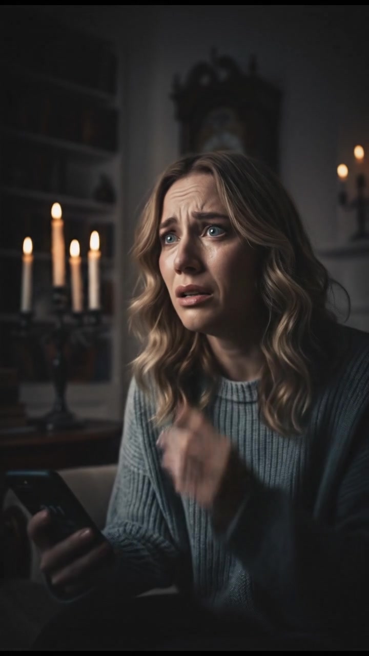 Ashley, holding a phone in one hand, dials 911 with a distressed expression, sitting on her living room couch.