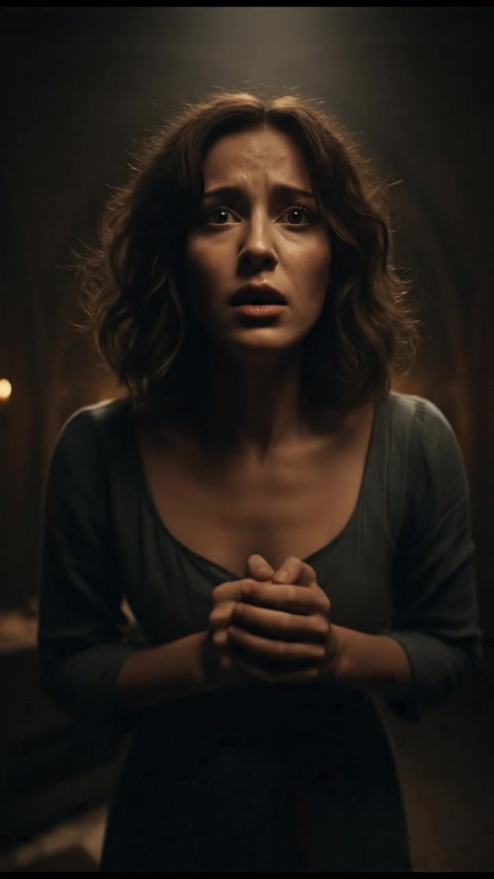 Laila, with her hands trembling, stands in a dimly lit room, panting heavily.