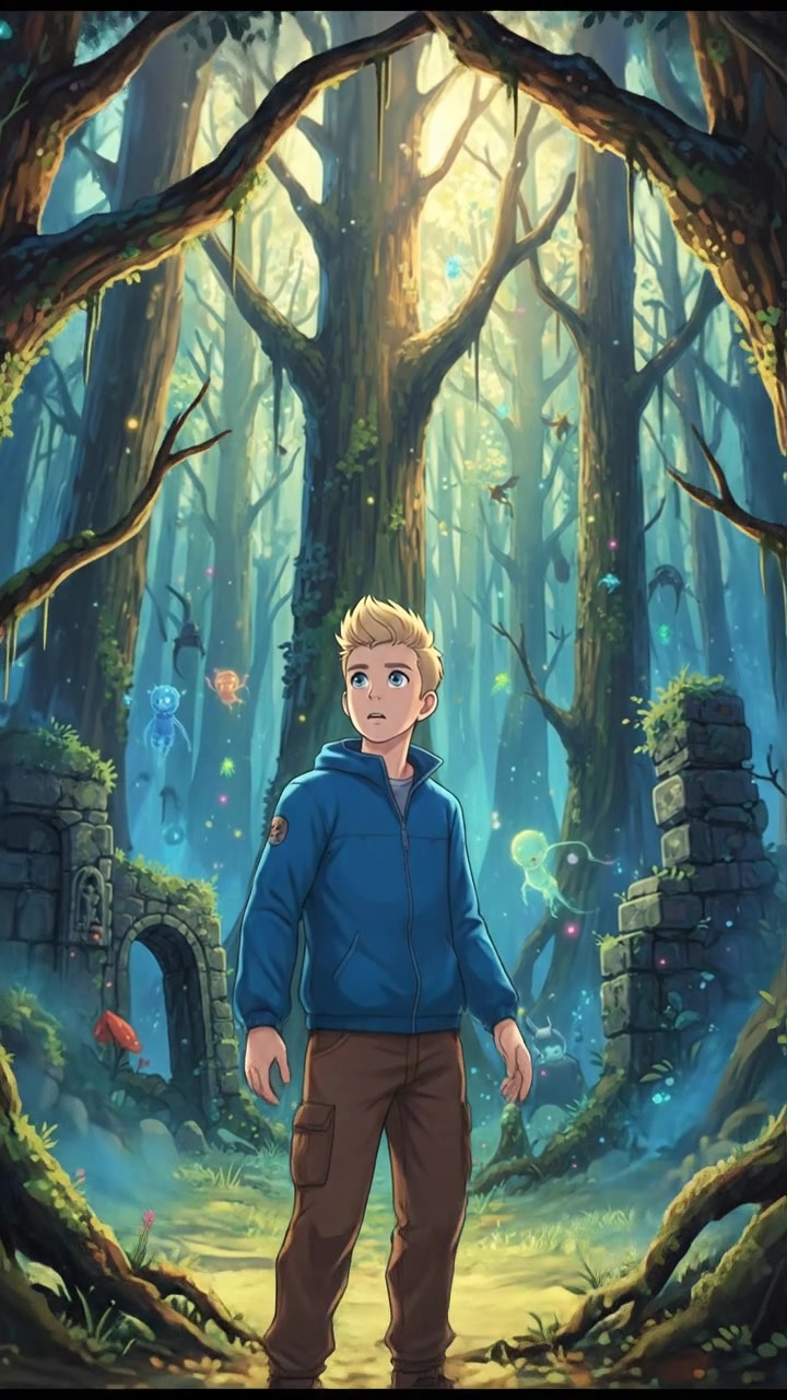 Ryan stands at the edge of a mysterious forest, looking into the dense trees.