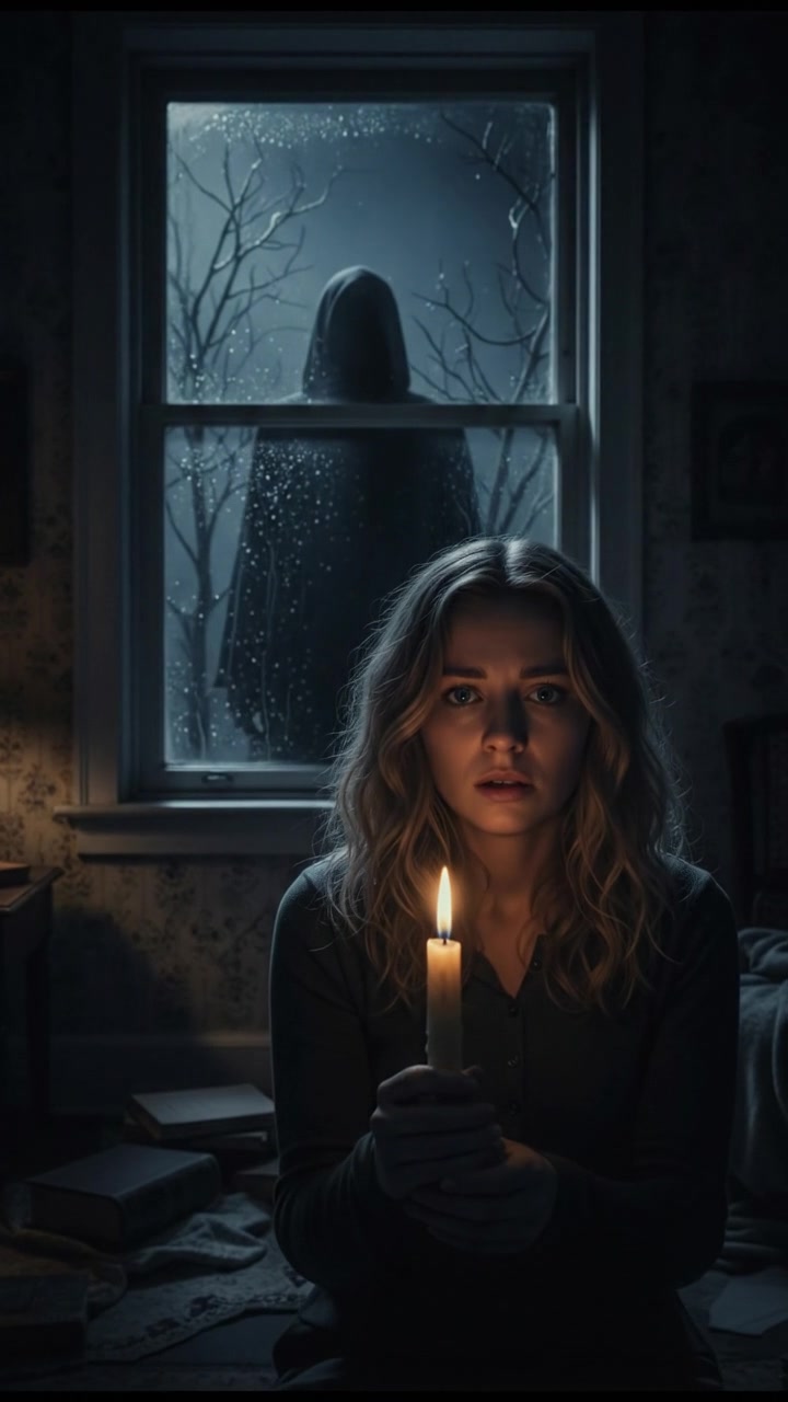 A shadowy figure lurking outside Ashley's apartment, seen through her window.