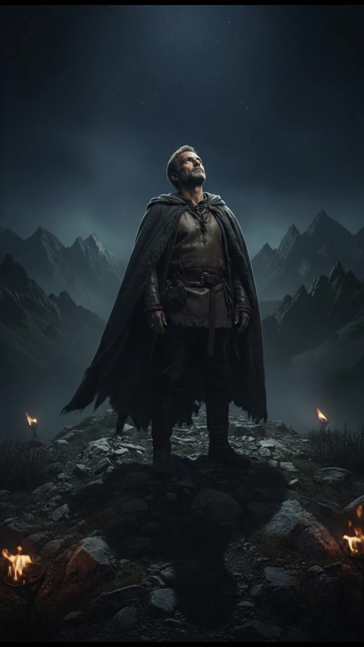 Omar, standing on a rocky hilltop with mountains in the background, gazes up at a clear sky.