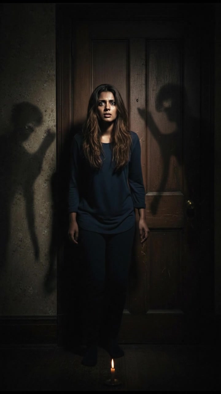 Priya stands by the closed door of her room, looking fearful.