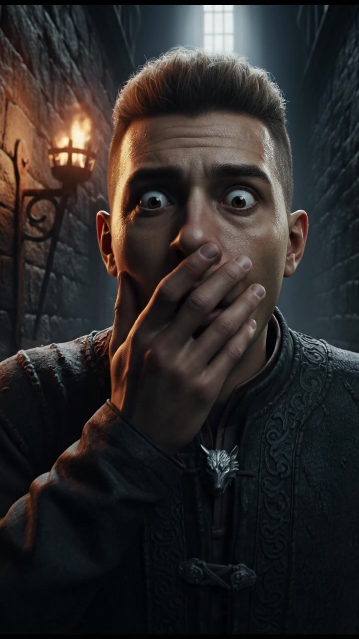 A close-up of Amir's face showing fear as he hears the sound of heavy footsteps.