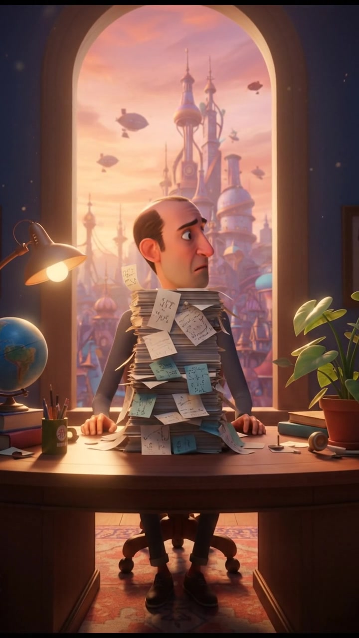 Carlos is sitting at a desk, looking at a stack of papers, with a worried expression.