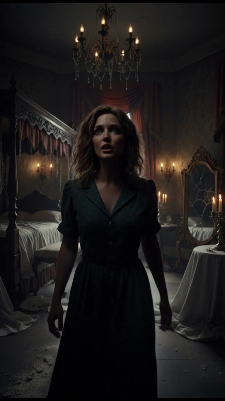 Ashley whispers to herself, looking around her eerie, dimly lit room.