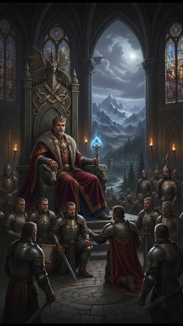 Raj sitting on a throne in an ornate palace, overseeing a gathering of officials.