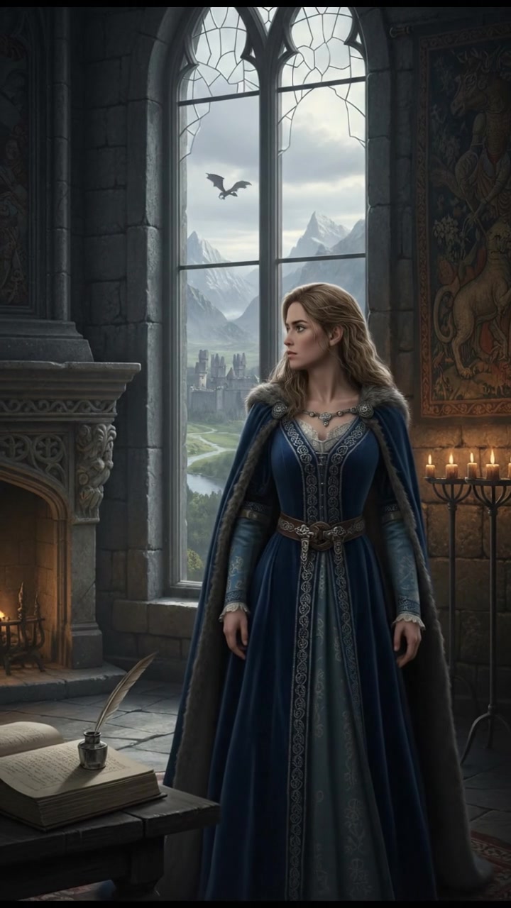 Ashley staring out of a window with a pensive look, lost in her thoughts.