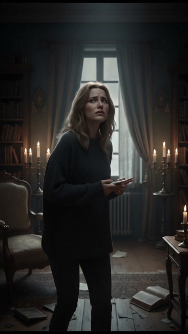 Ashley holding her phone, looking distressed in the living room, pondering her next move.