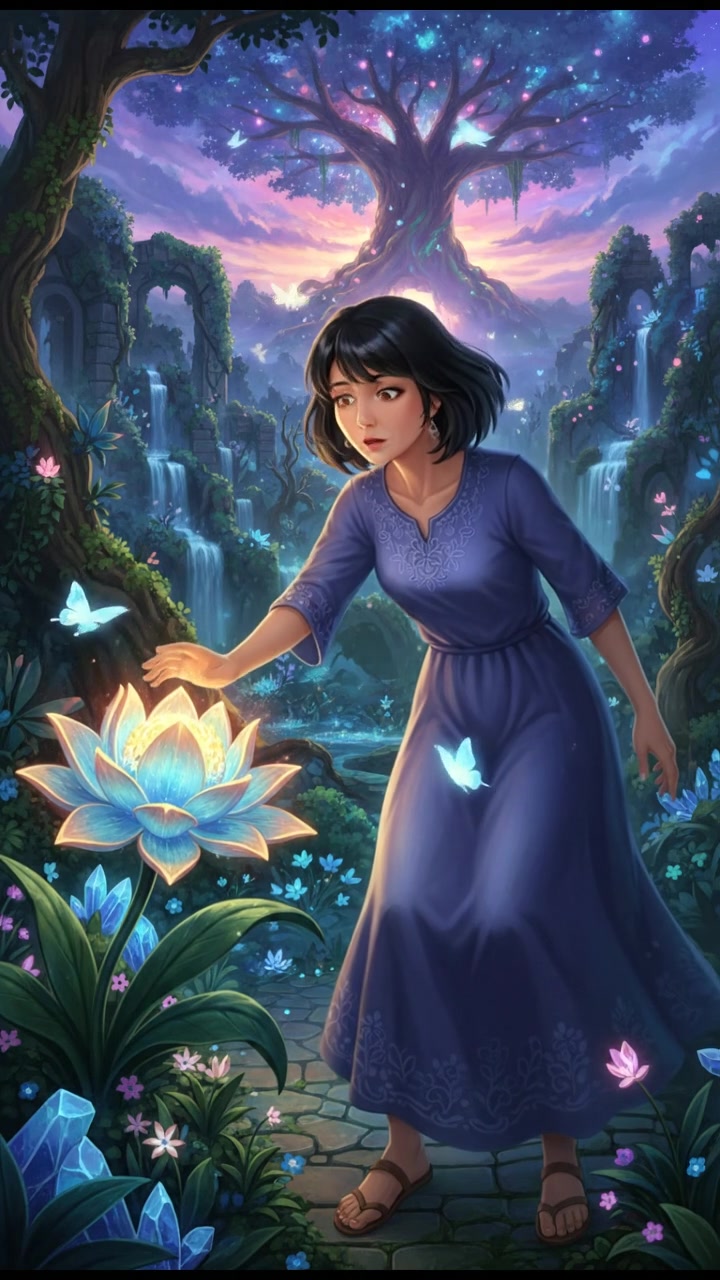 Li stands amazed, her hand reaching out towards a glowing flower in the garden.