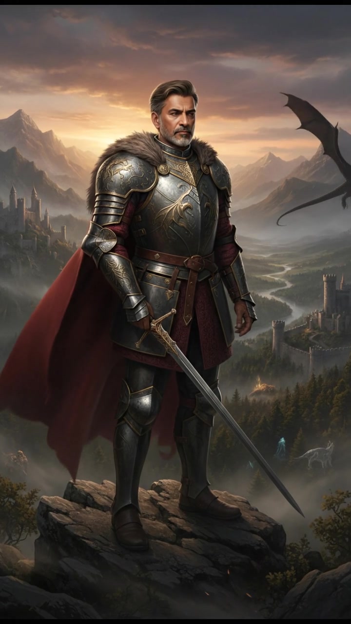 Raj standing confidently on a rocky hilltop, overlooking a vast valley with mountains in the distance.