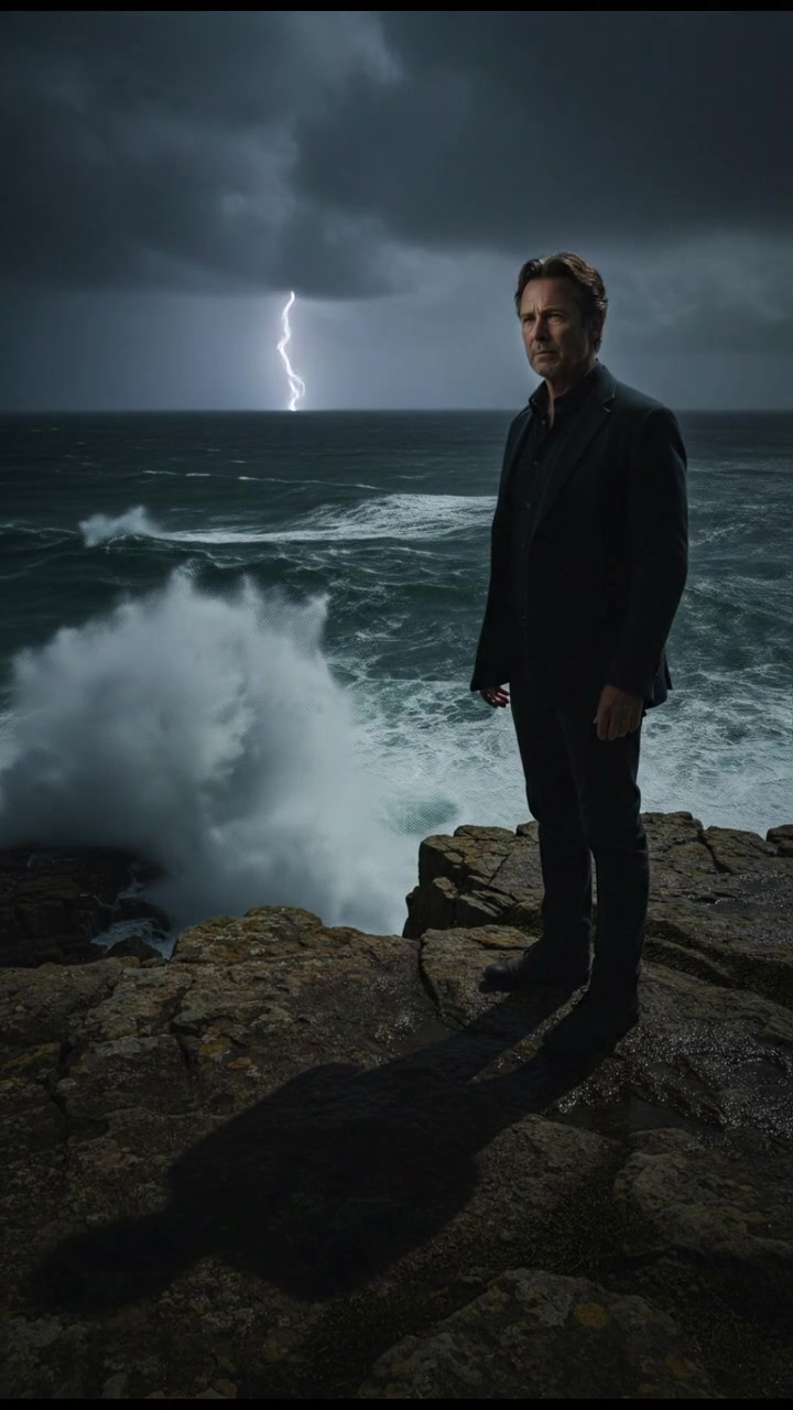 Mark stands on a rocky cliff overlooking a vast, stormy ocean, with waves crashing below.