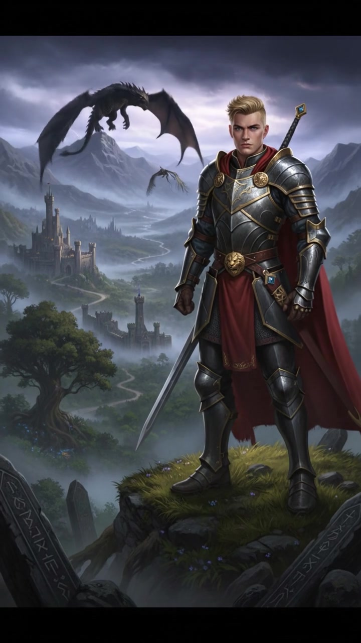 Ryan stands confidently on a small hill, overlooking a valley, with a determined expression.