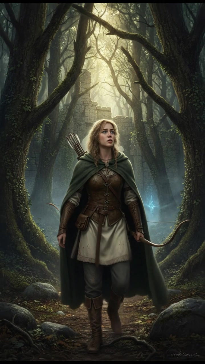Ashley stands amidst tall trees in a dense forest, looking around with a worried expression.