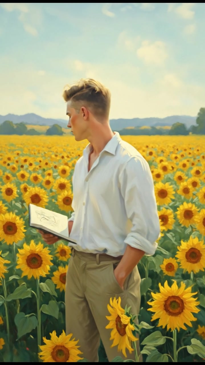 Ryan standing in a field of sunflowers, looking contemplative and inspired.