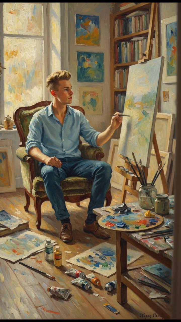 A portrait of Ryan sitting in a sunlit room, surrounded by art supplies, sketching on a canvas.