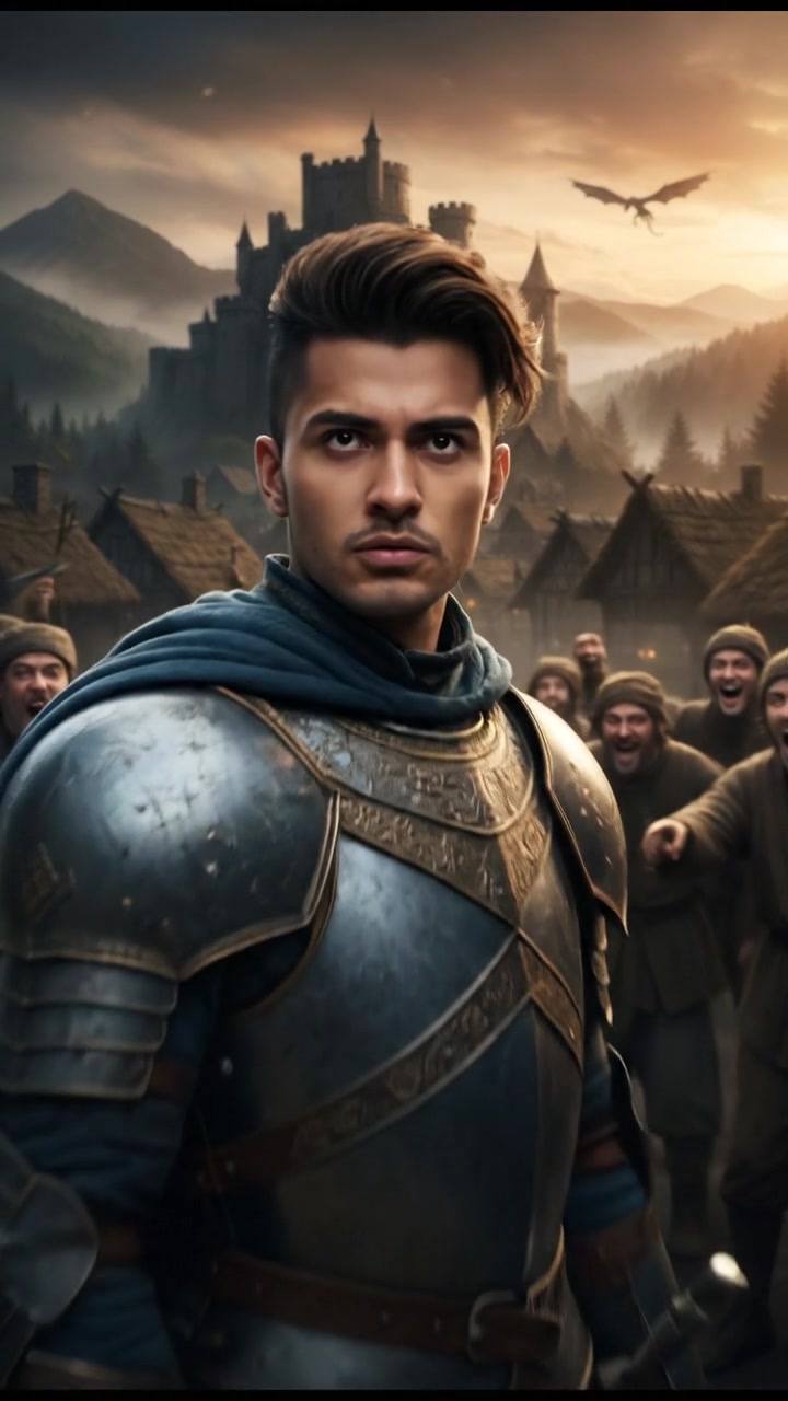 Arjun standing confidently in front of the village, facing a group of villagers who are mocking him.