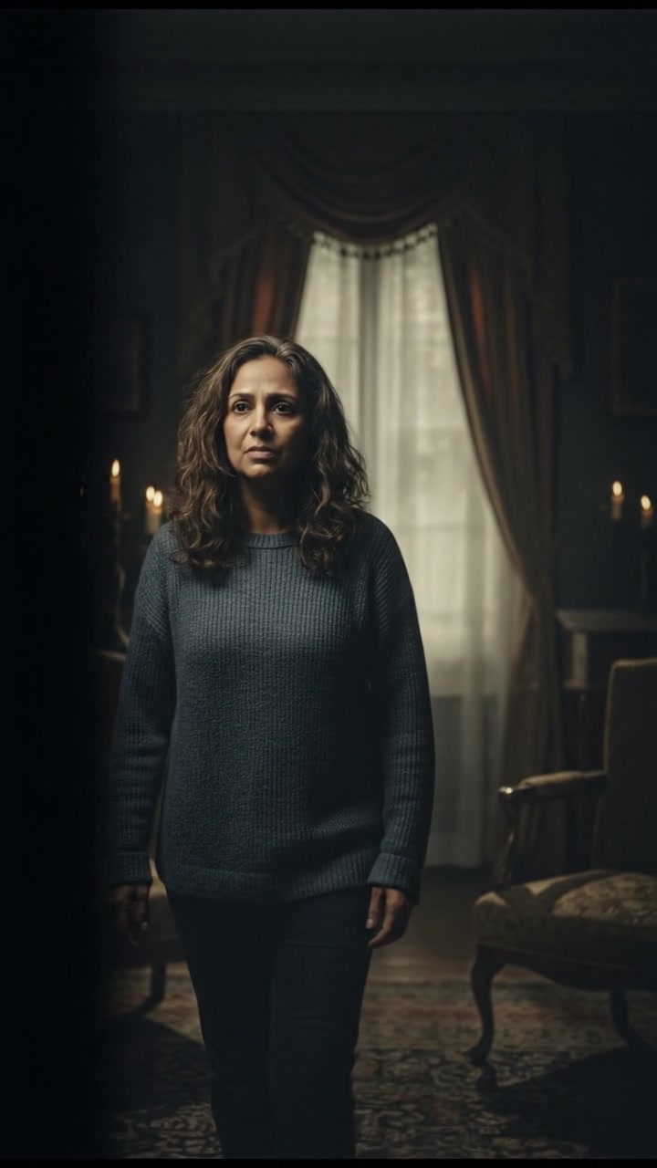 Asha looking worried, glancing around the dimly lit living room.