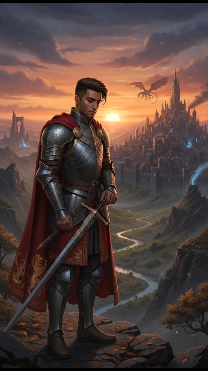Arjun stands alone at sunset, contemplating his actions, with a distant city skyline.