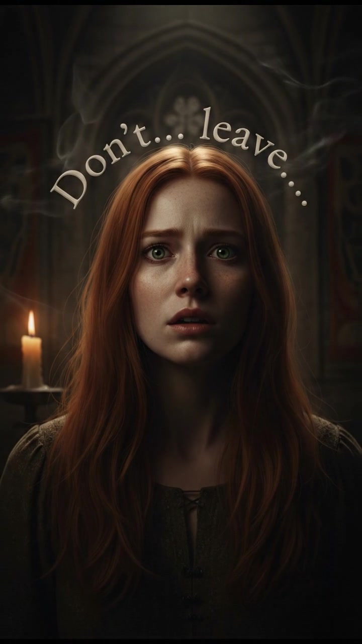 A close-up on Emma's startled face as she hears the whisper 'Don't... leave...' echoing around her.