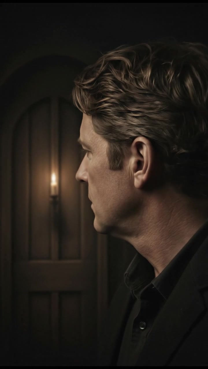 Close-up of Mark's face, showing his concern as he gazes at the creaking door.