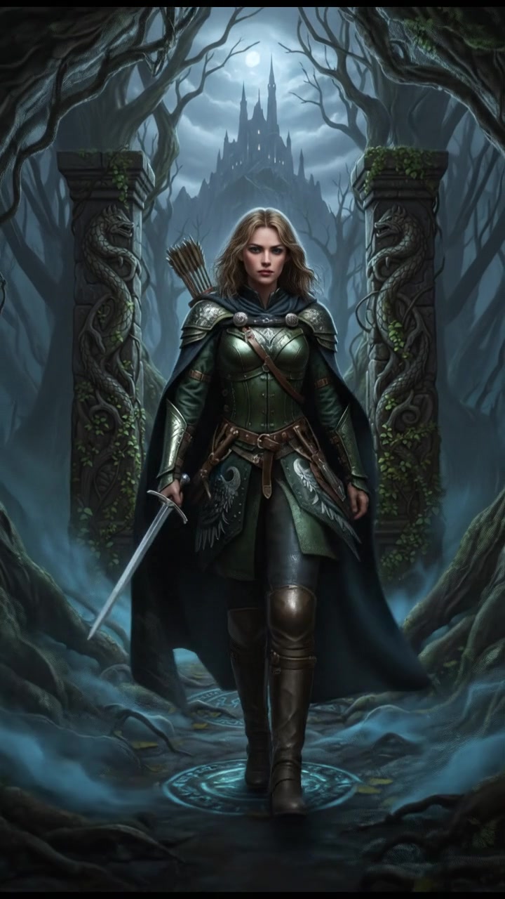 Ashley, determined, stands at the edge of a dark forest, ready to enter.