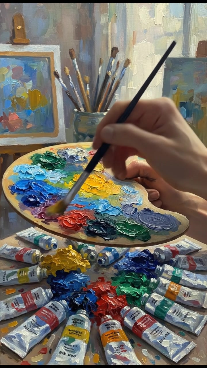 A close-up of Ryan's hand with a palette, surrounded by colorful paint tubes.