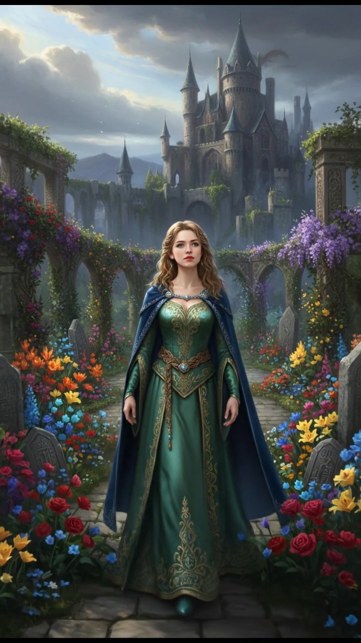 Ashley walking through a colorful flower garden, surrounded by blooming flowers and lush greenery.