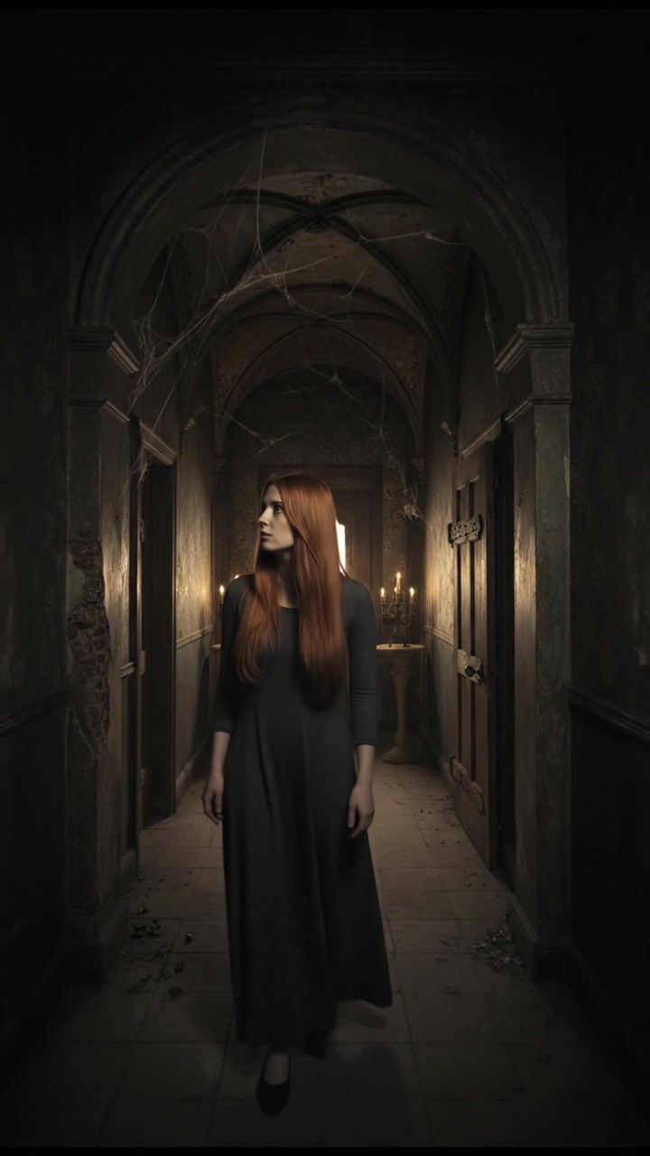 Emma stands alone in a dimly lit hallway, looking around curiously.