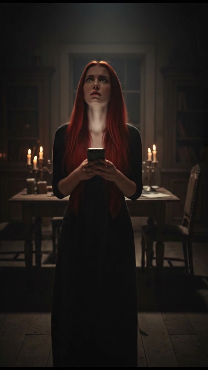 Emma standing in a dimly lit room, looking anxious while glancing at her phone.