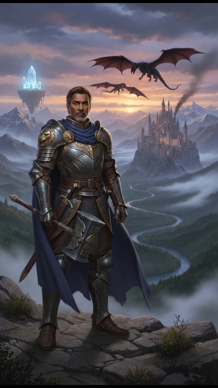 Raj stands at a mountain edge, looking out over a valley, with determination in his posture.