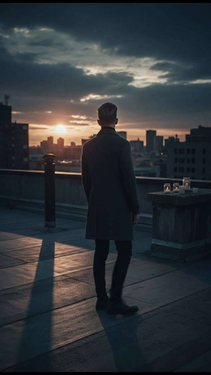 Ryan stands alone on a rooftop, looking out over the city skyline at sunset.