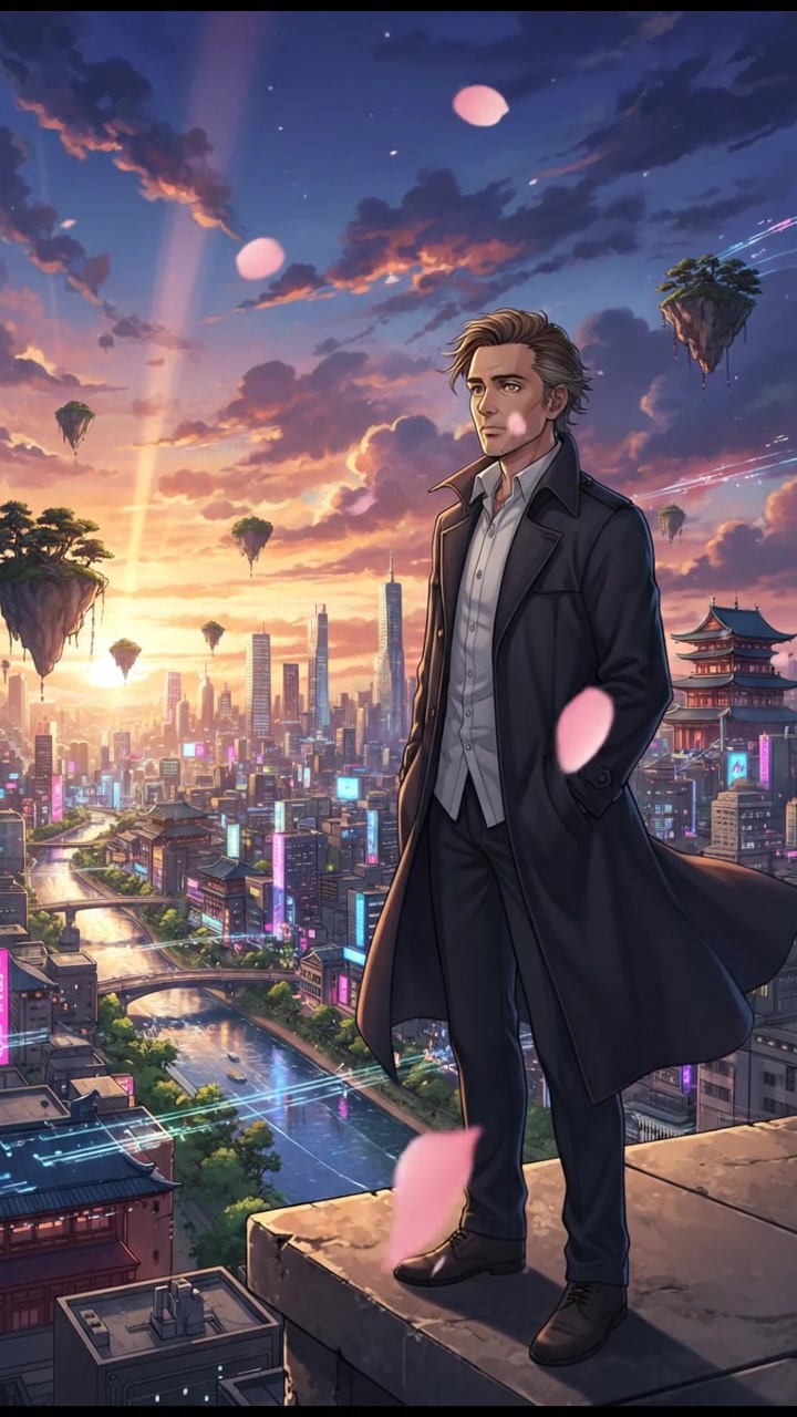 Omar standing silently on a rooftop, gazing out over the city skyline.